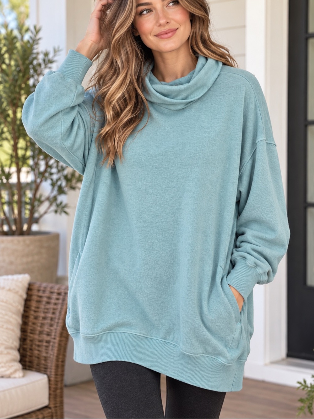 Aerie Oversized Cowl Neck Sweatshirt Tunic Blue Green Size Large